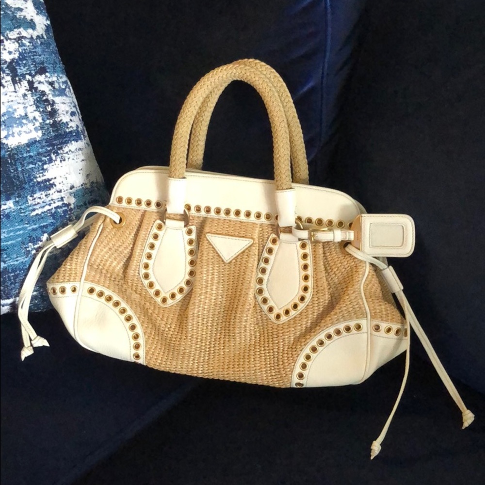 PRADA Milano handbag ivory leather & raffia